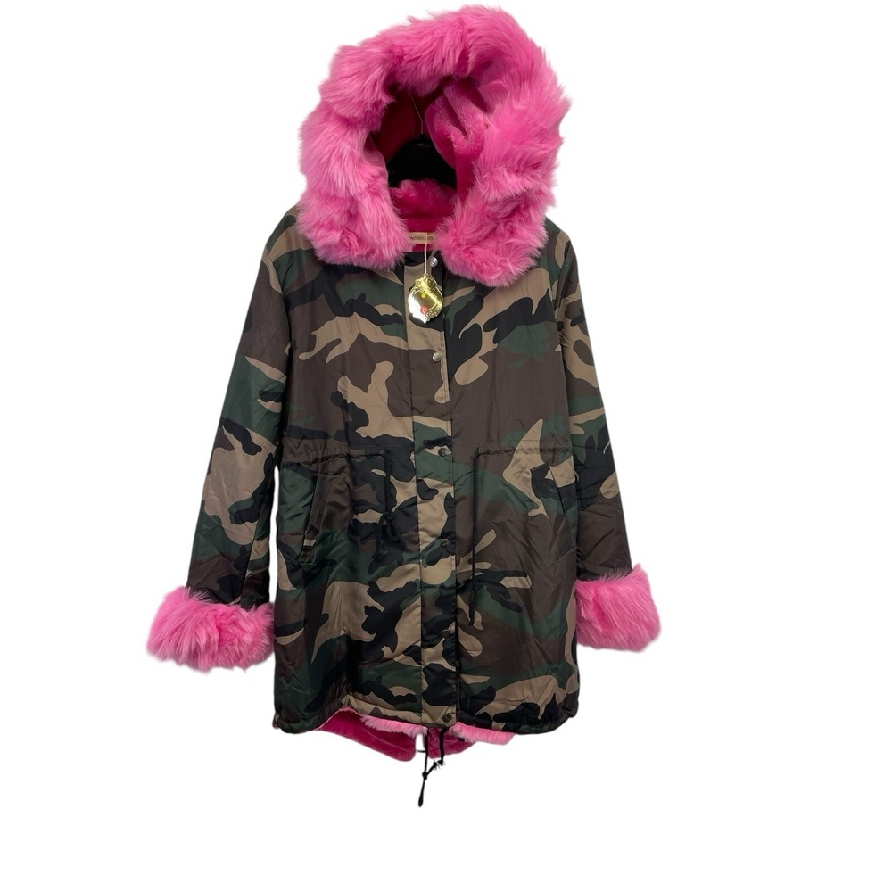 Roiiiii Coat Women's Small Camo Camouflage Parka Jacket Coat Hot Pink Trim NEW